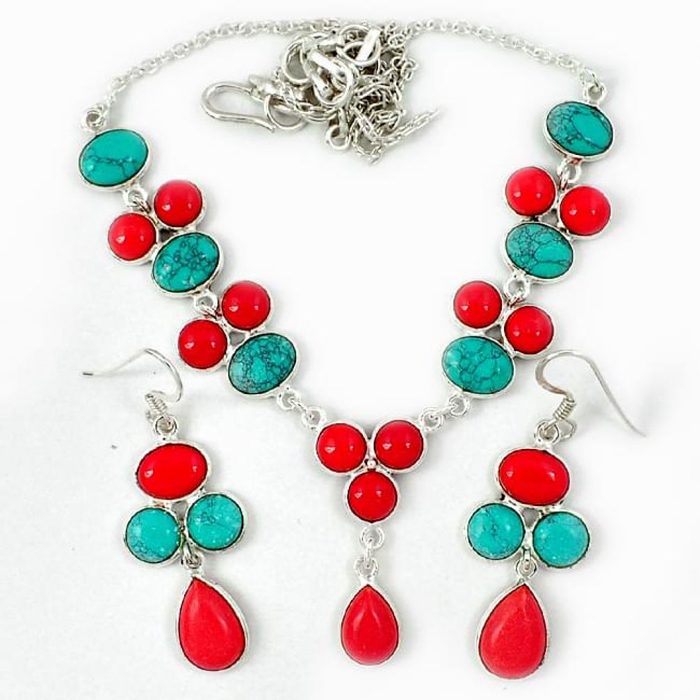 925 silver red coral blue turquoise earrings necklace set jewelry j39254
