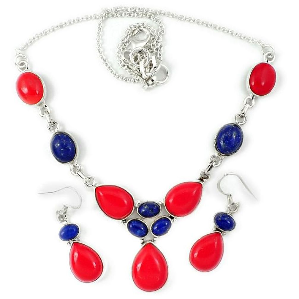 Red coral blue lapis 925 sterling silver earrings necklace set jewelry j39255