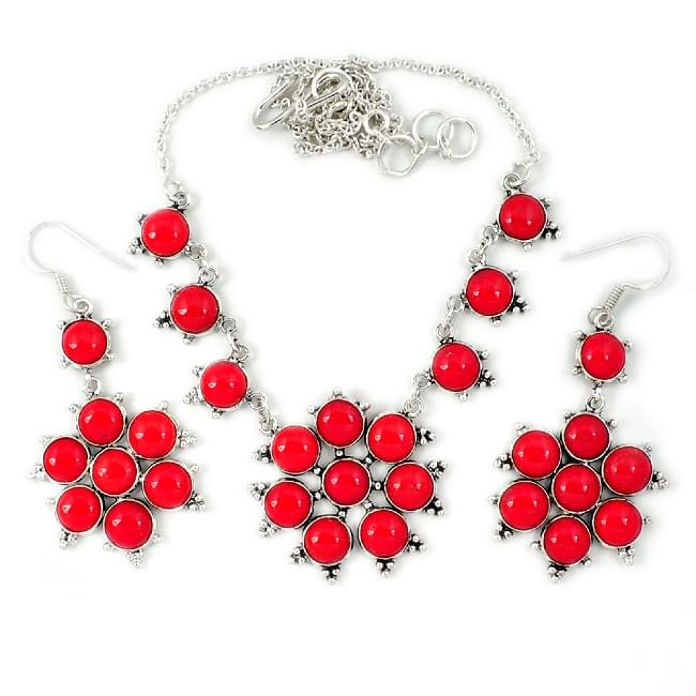 Red coral round 925 sterling silver earrings necklace set jewelry j39259