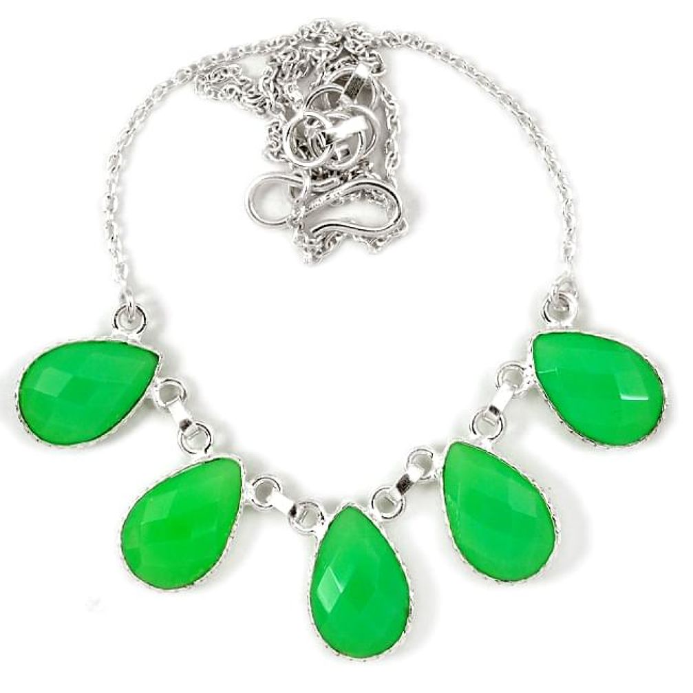 Natural green chalcedony pear 925 sterling silver necklace jewelry j39273