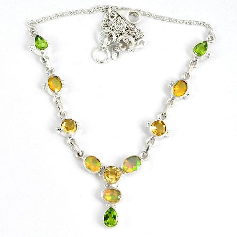 Natural multi color ethiopian opal peridot 925 silver necklace j44084