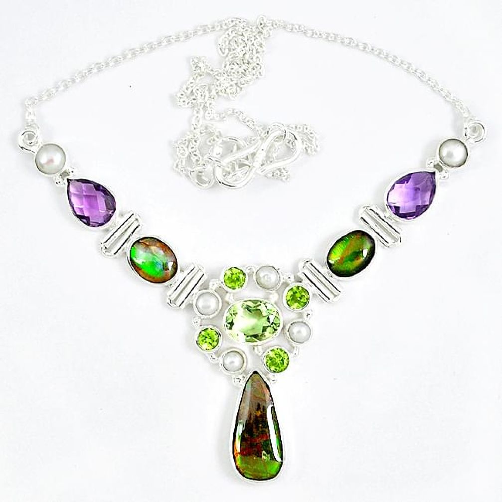 Natural ammolite (canadian) green peridot amethyst 925 silver necklace j51928