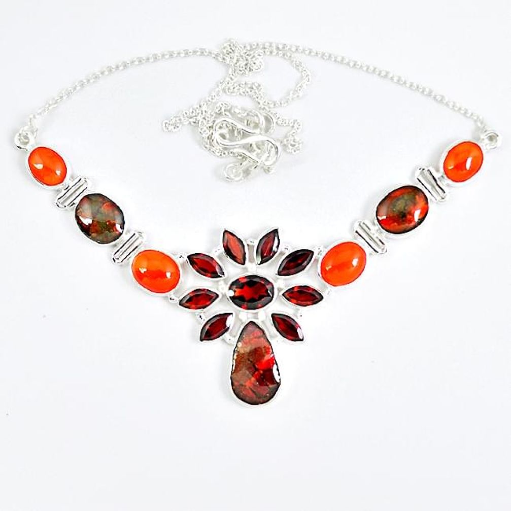 925 sterling silver natural ammolite (canadian) carnelian garnet necklace j51939