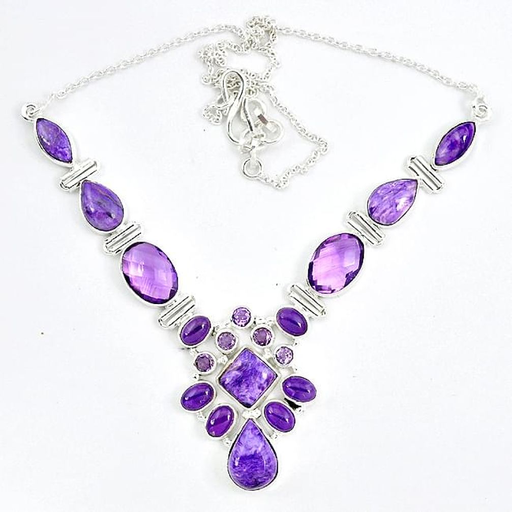 Natural purple charoite (siberian) amethyst 925 silver necklace jewelry j51946