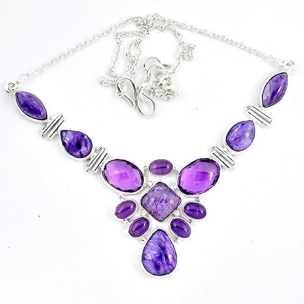 925 sterling silver natural purple charoite (siberian) amethyst necklace j51947