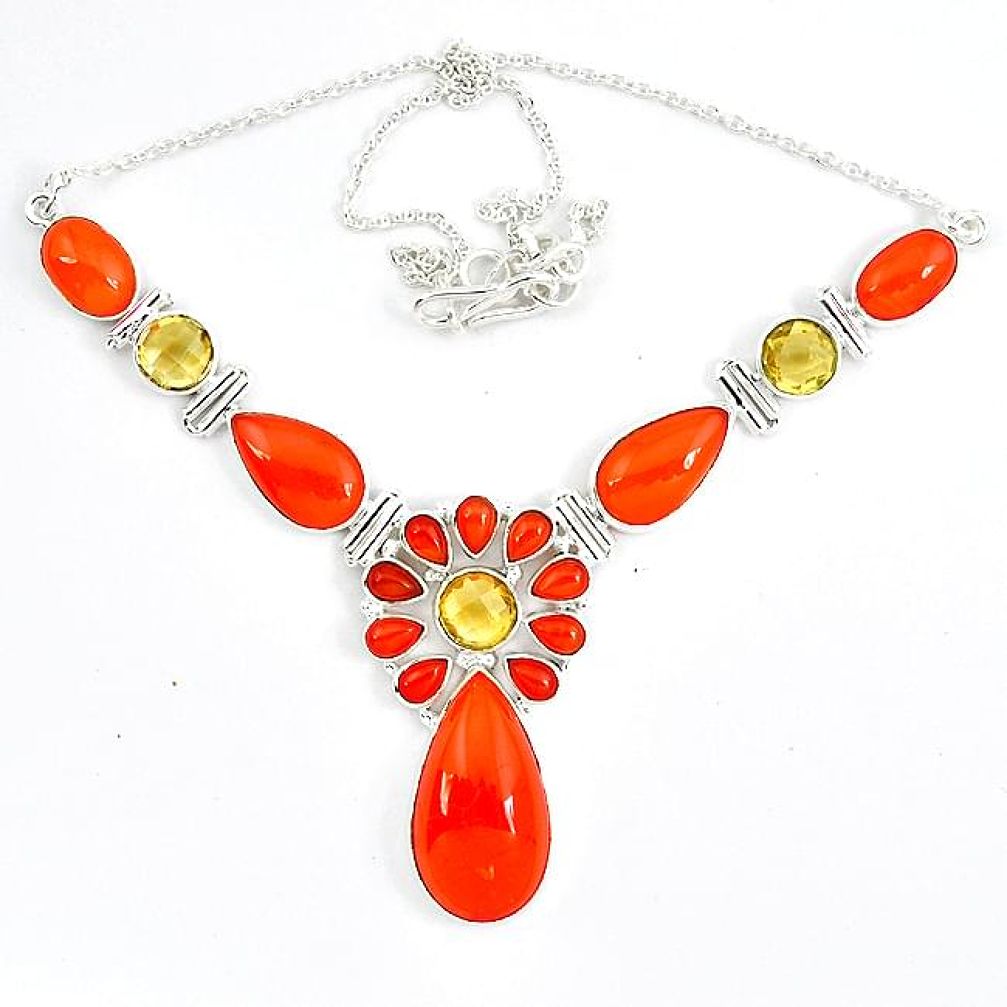 Natural orange carnelian yellow citrine 925 sterling silver necklace j51949