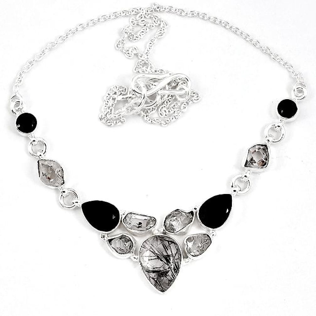 Natural black tourmaline rutile pear 925 sterling silver necklace k17217