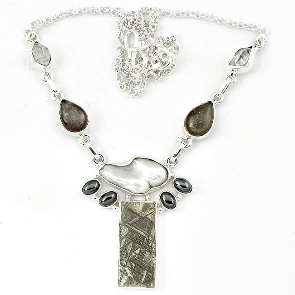 Natural grey meteorite herkimer diamond moonstone 925 silver necklace k27365