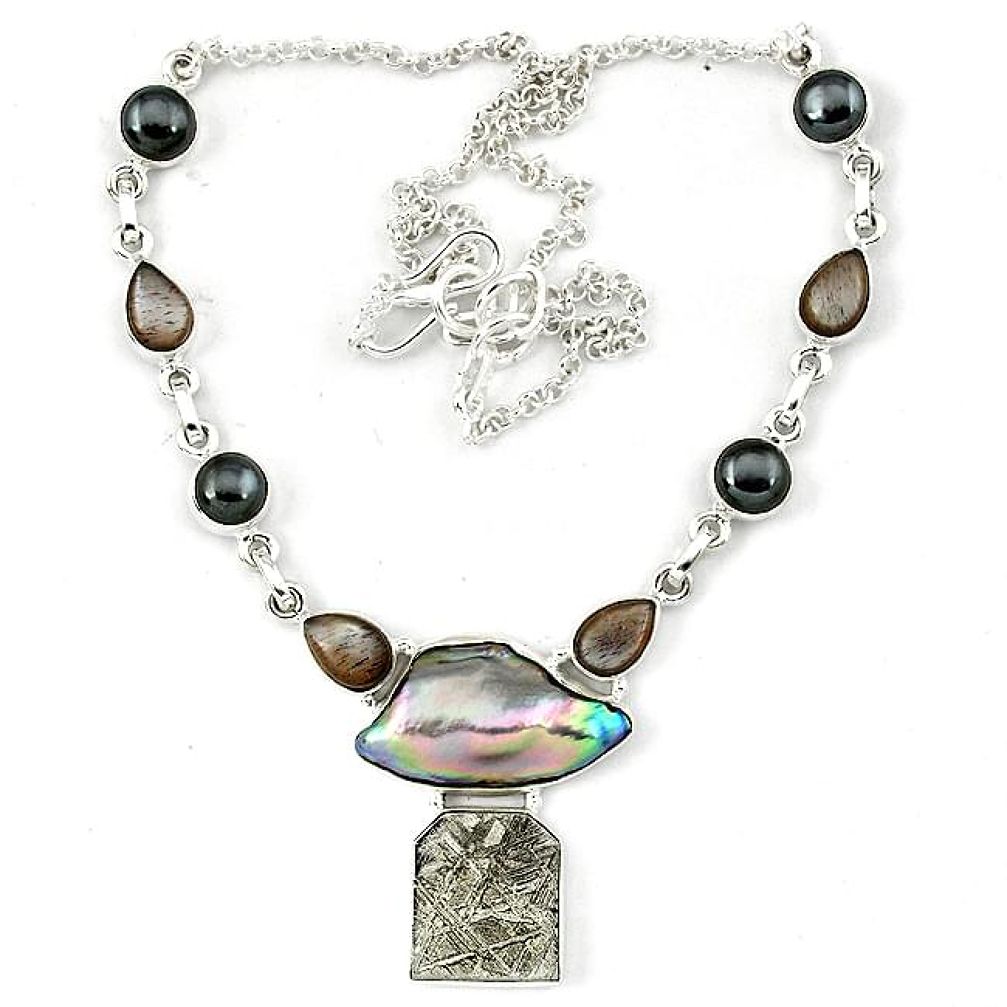 Natural grey meteorite moonstone titanium pearl 925 silver necklace k27367