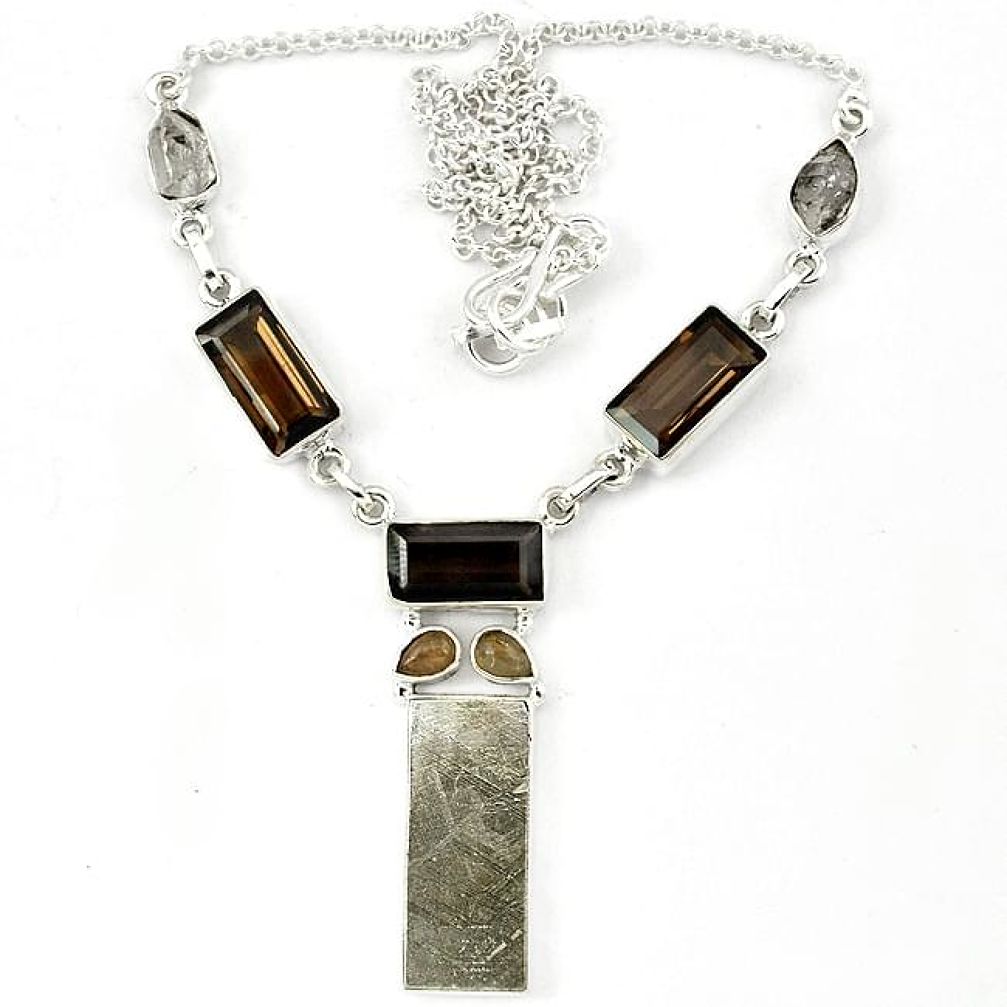 Grey meteorite herkimer diamond smoky topaz 925 silver necklace k27368