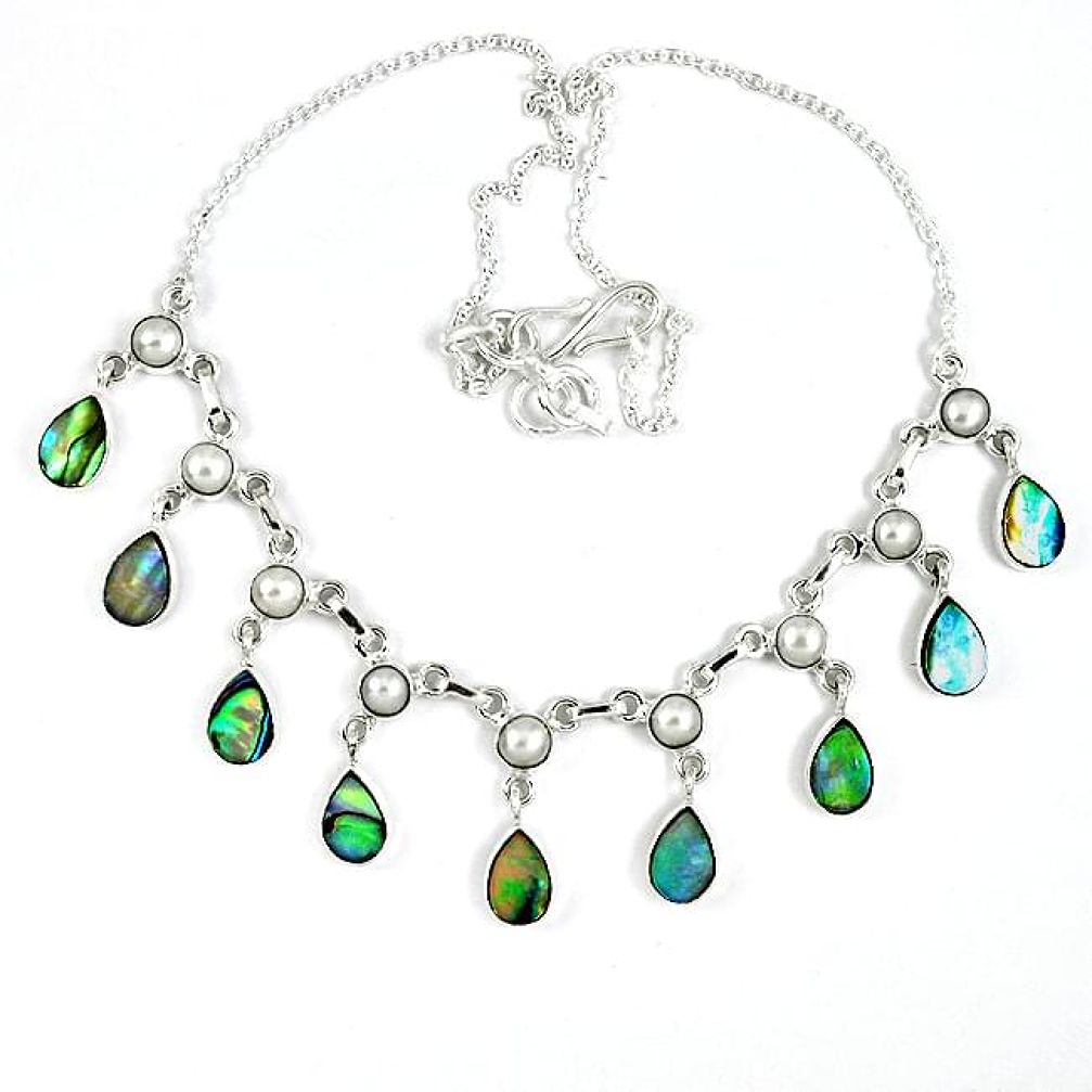 Natural green abalone paua seashell white pearl 925 silver necklace k30472
