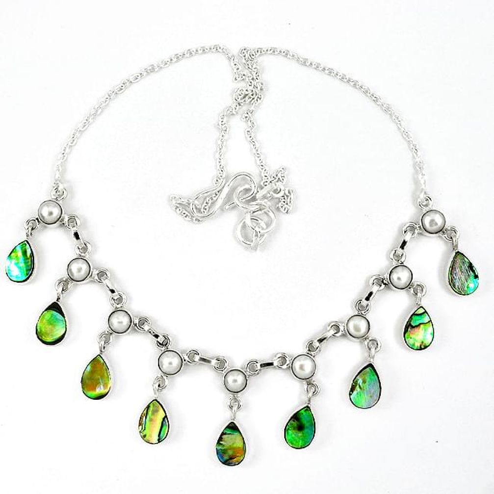 Natural green abalone paua seashell white pearl 925 silver necklace k30475