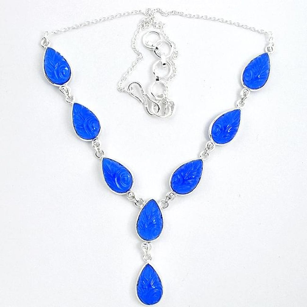 Natural blue chalcedony pear 925 sterling silver necklace jewelry k34716