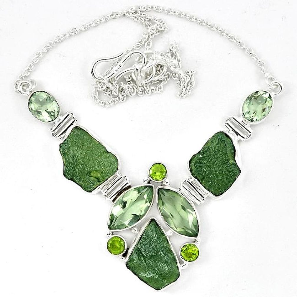 Natural green moldavite (genuine czech) peridot 925 silver necklace k40802