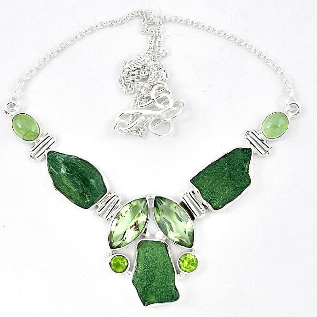 Natural green moldavite (genuine czech) prehnite 925 silver necklace k40804