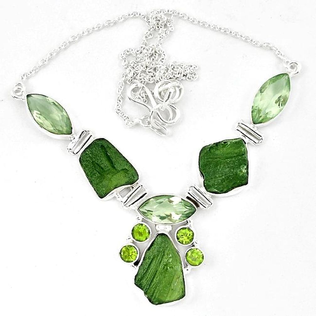 925 silver natural green moldavite (genuine czech) peridot necklace k40805