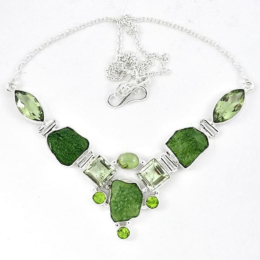 Natural green moldavite (genuine czech) prehnite 925 silver necklace k40806