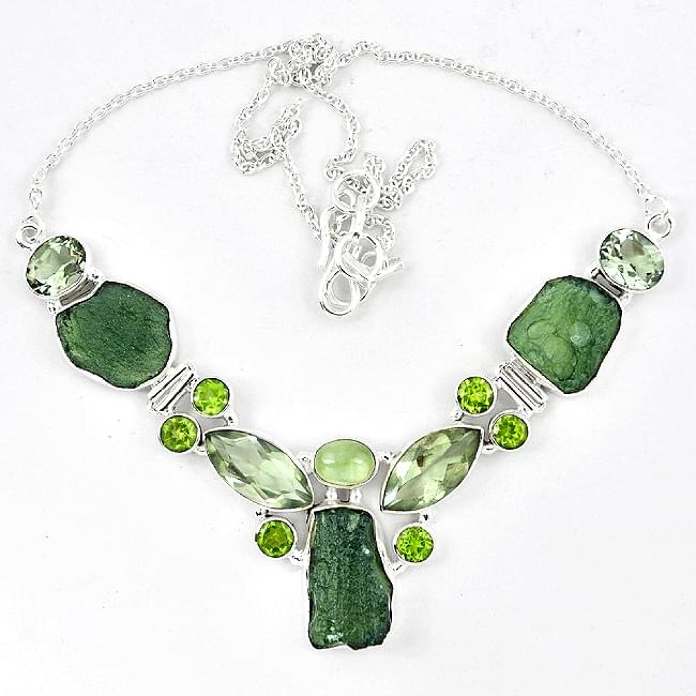 Natural green moldavite (genuine czech) prehnite 925 silver necklace k40808