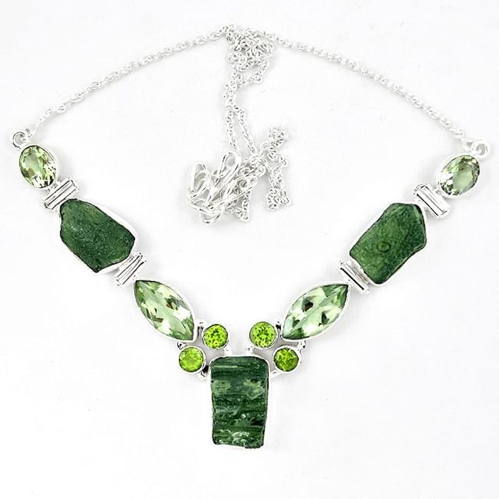 Natural green moldavite (genuine czech) peridot 925 silver necklace k40809