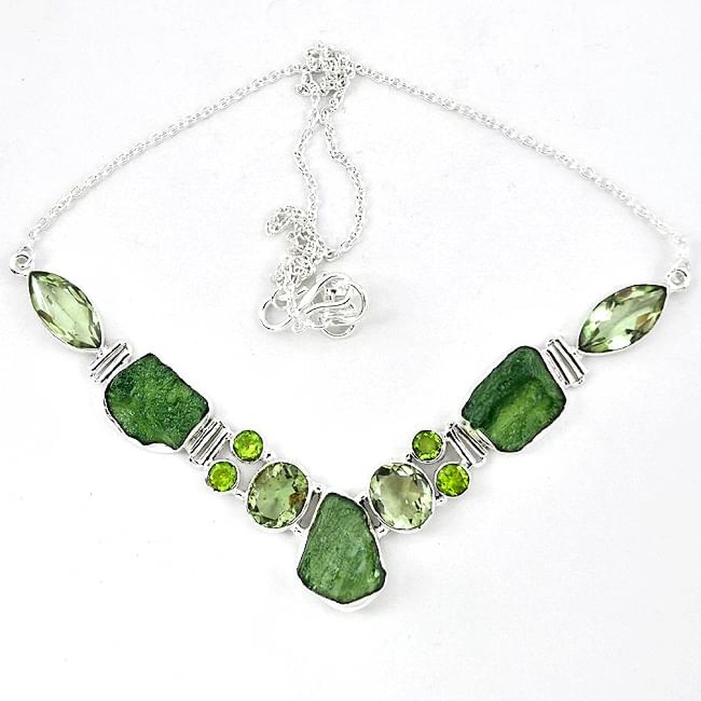 925 silver natural green moldavite (genuine czech) peridot necklace k40810