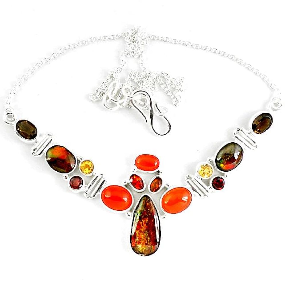 Natural ammolite (canadian) garnet citrine 925 sterling silver necklace k46885