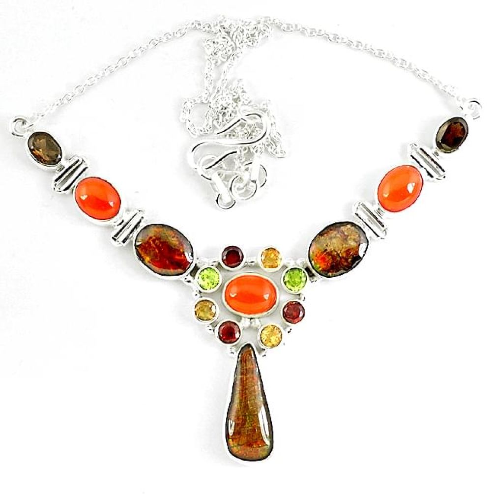 Natural ammolite (canadian) garnet peridot citrine 925 silver necklace k46886