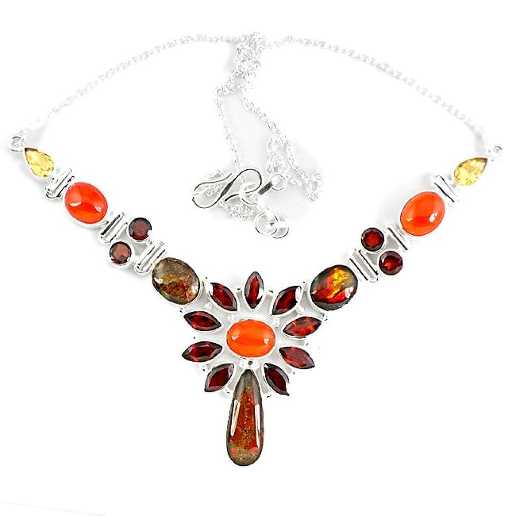 Natural ammolite (canadian) garnet citrine carnelian 925 silver necklace k46889