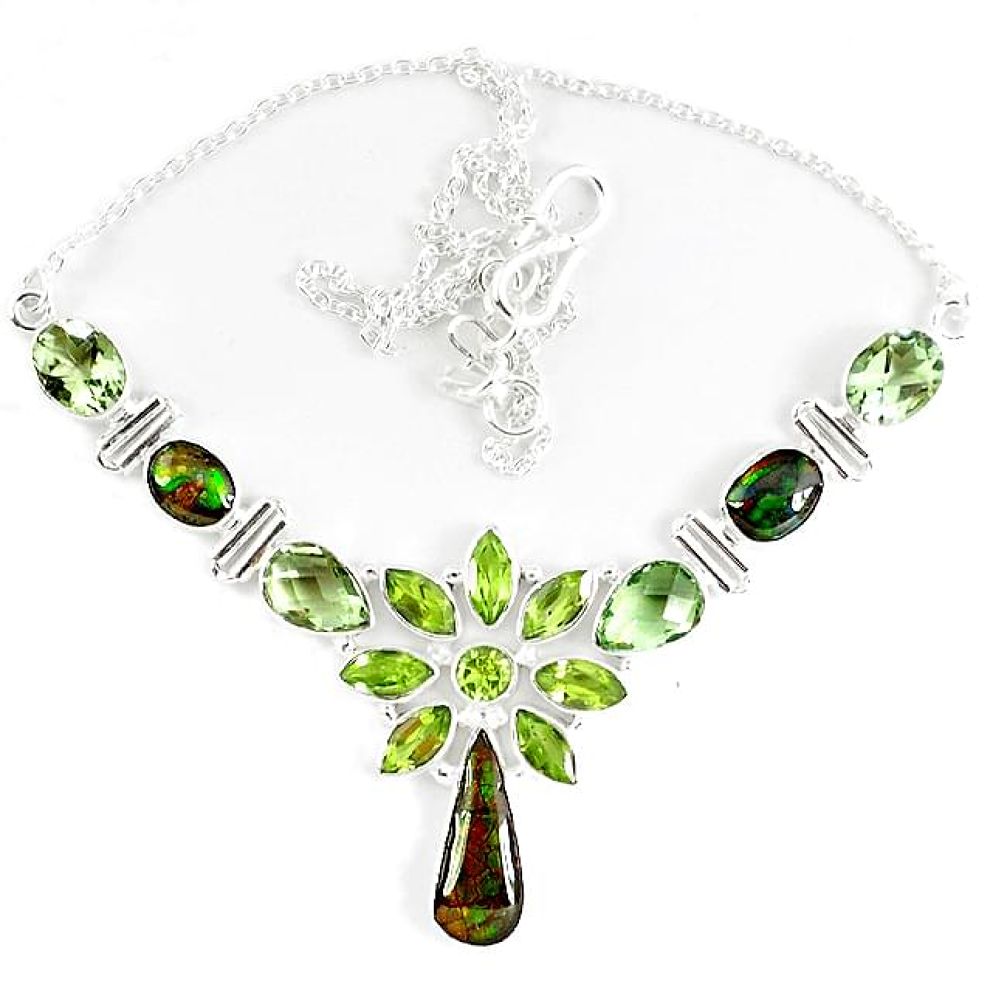 925 sterling silver natural ammolite (canadian) amethyst peridot necklace k46895