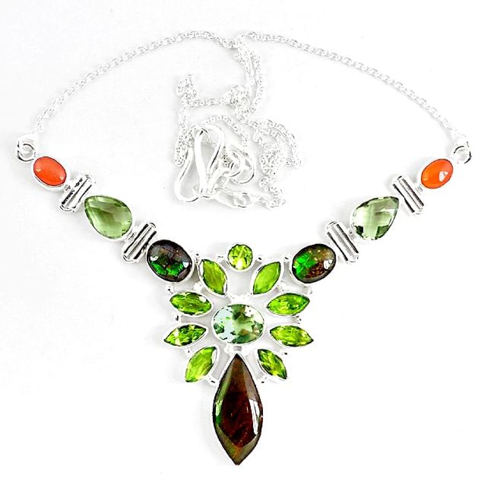 Natural ammolite (canadian) amethyst peridot 925 silver necklace jewelry k46896