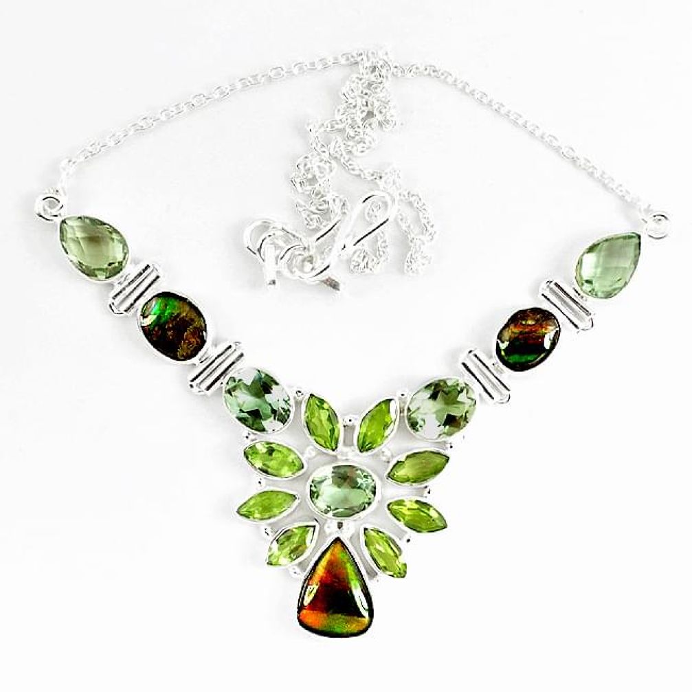 925 silver natural ammolite (canadian) green amethyst peridot necklace k46900