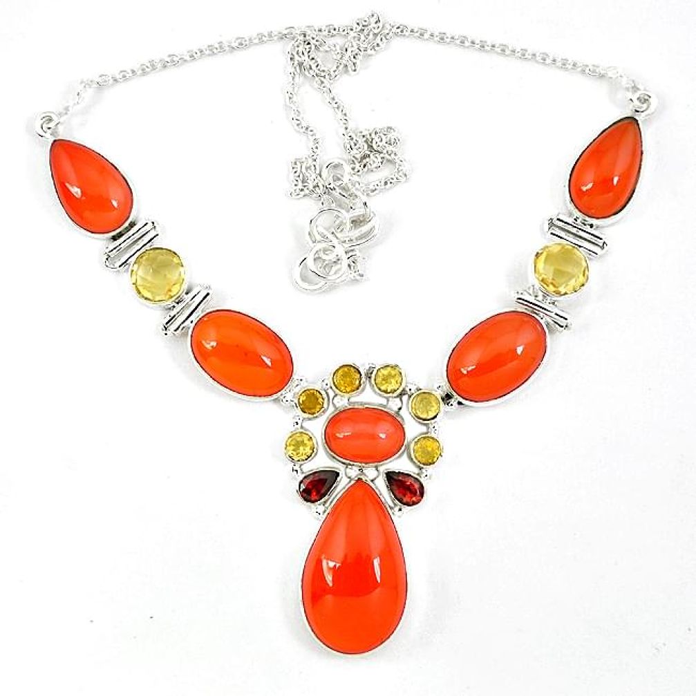 Natural orange cornelian (carnelian) red garnet 925 silver necklace k47086