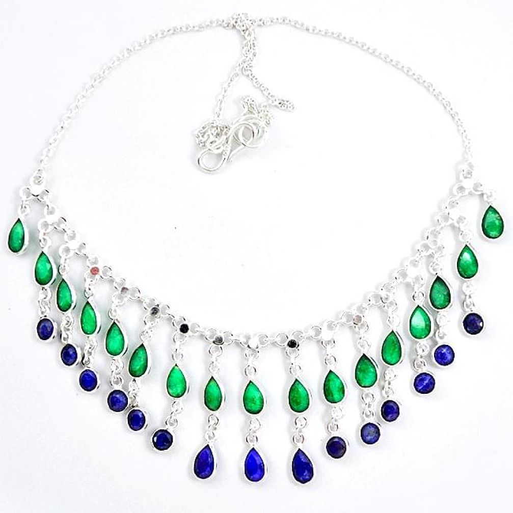 Natural green emerald blue sapphire 925 sterling silver necklace k47781