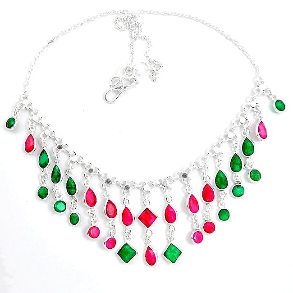 Natural red ruby emerald 925 sterling silver necklace jewelry k47785