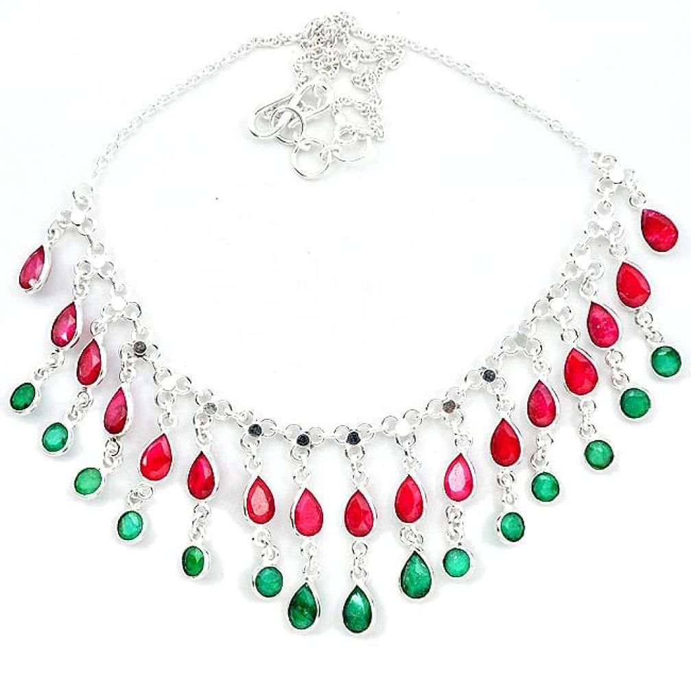 Natural red ruby emerald 925 sterling silver necklace jewelry k47787