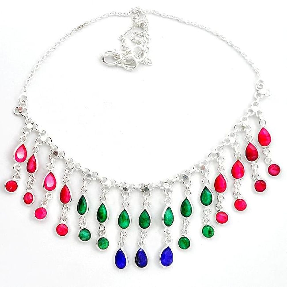 Natural red ruby emerald sapphire 925 sterling silver necklace jewelry k47788
