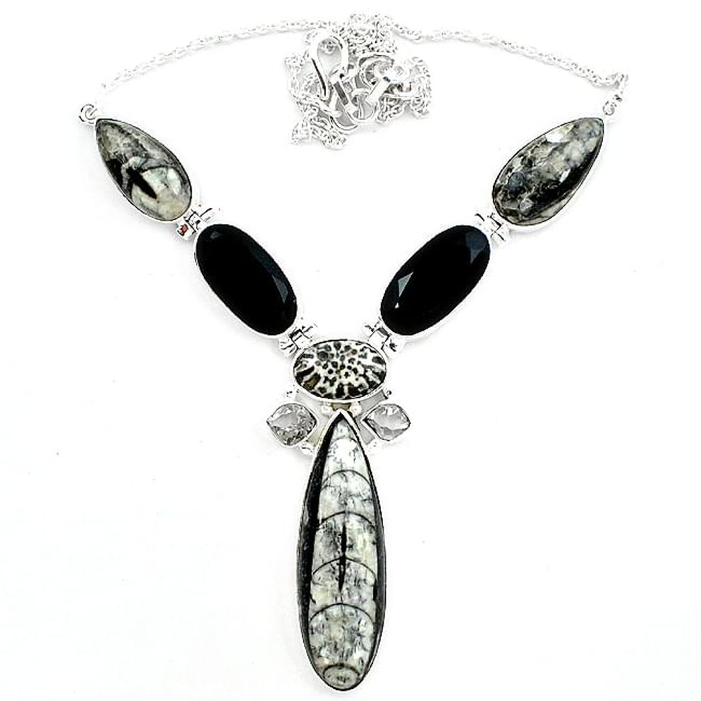 Natural black orthoceras herkimer diamond black onyx 925 silver necklace k47797