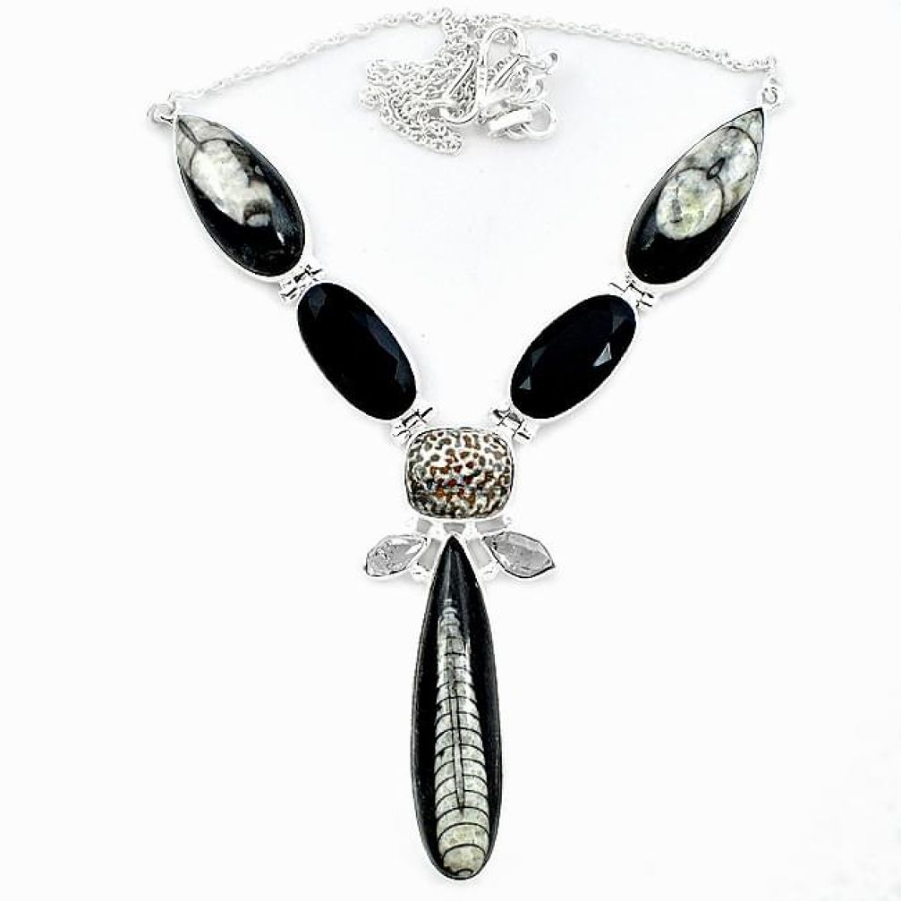 Natural black orthoceras herkimer diamond black onyx 925 silver necklace k47798