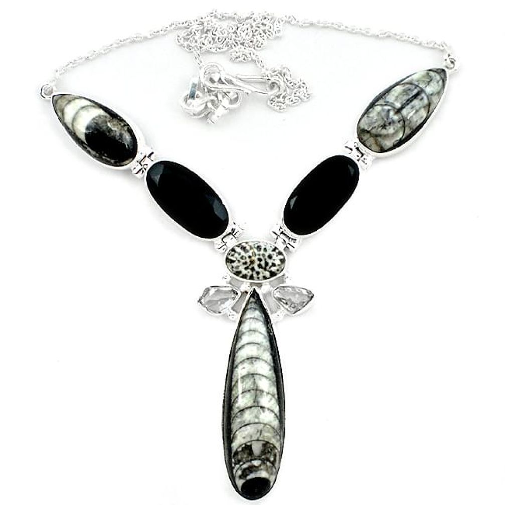 925 silver natural black orthoceras herkimer diamond black onyx necklace k47799