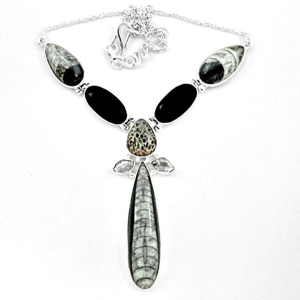 Natural black orthoceras herkimer diamond black onyx 925 silver necklace k47800