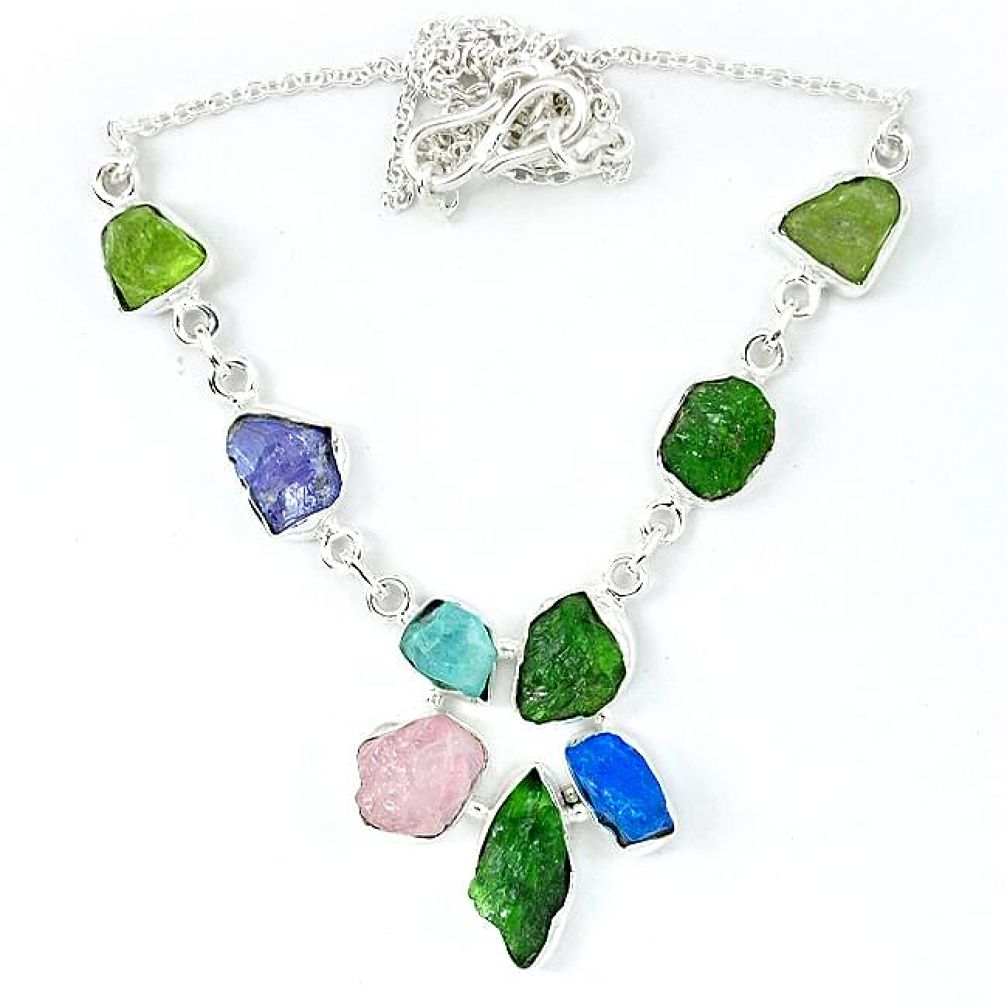 Green chrome diopside rough druzy aquamarine rough 925 silver necklace k48892