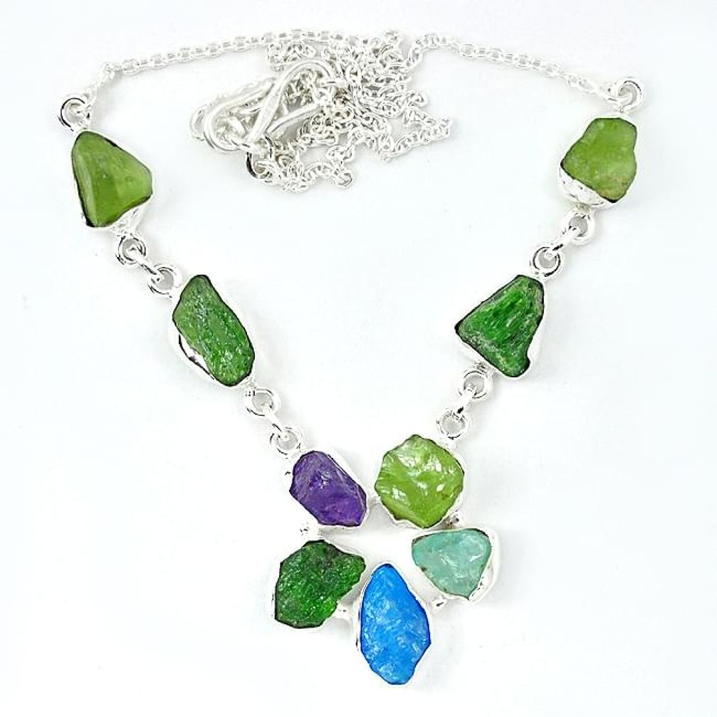 925 sterling silver natural green peridot rough apatite rough necklace k48893