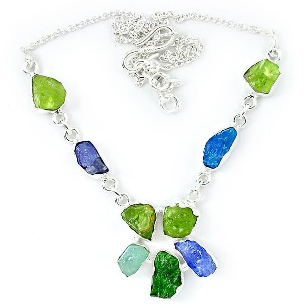 925 silver natural green peridot rough aquamarine rough necklace k48896