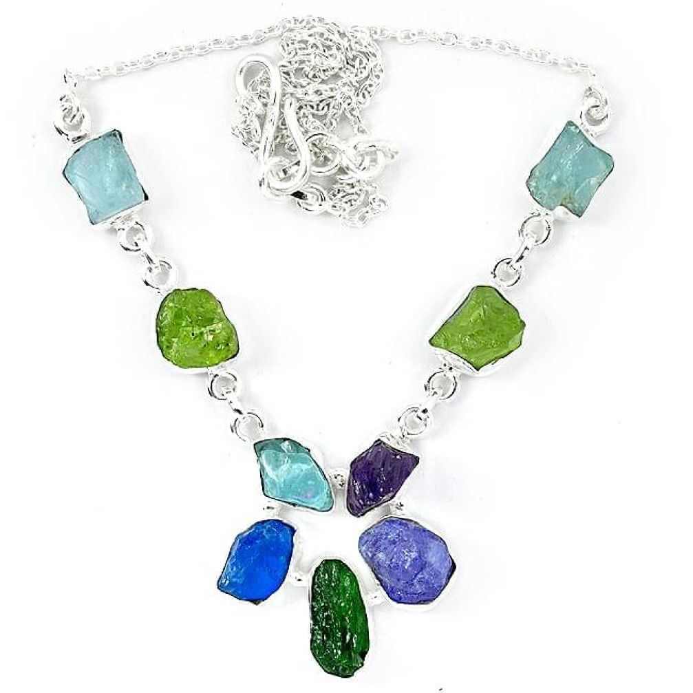 925 silver natural green peridot rough aquamarine rough necklace k48900