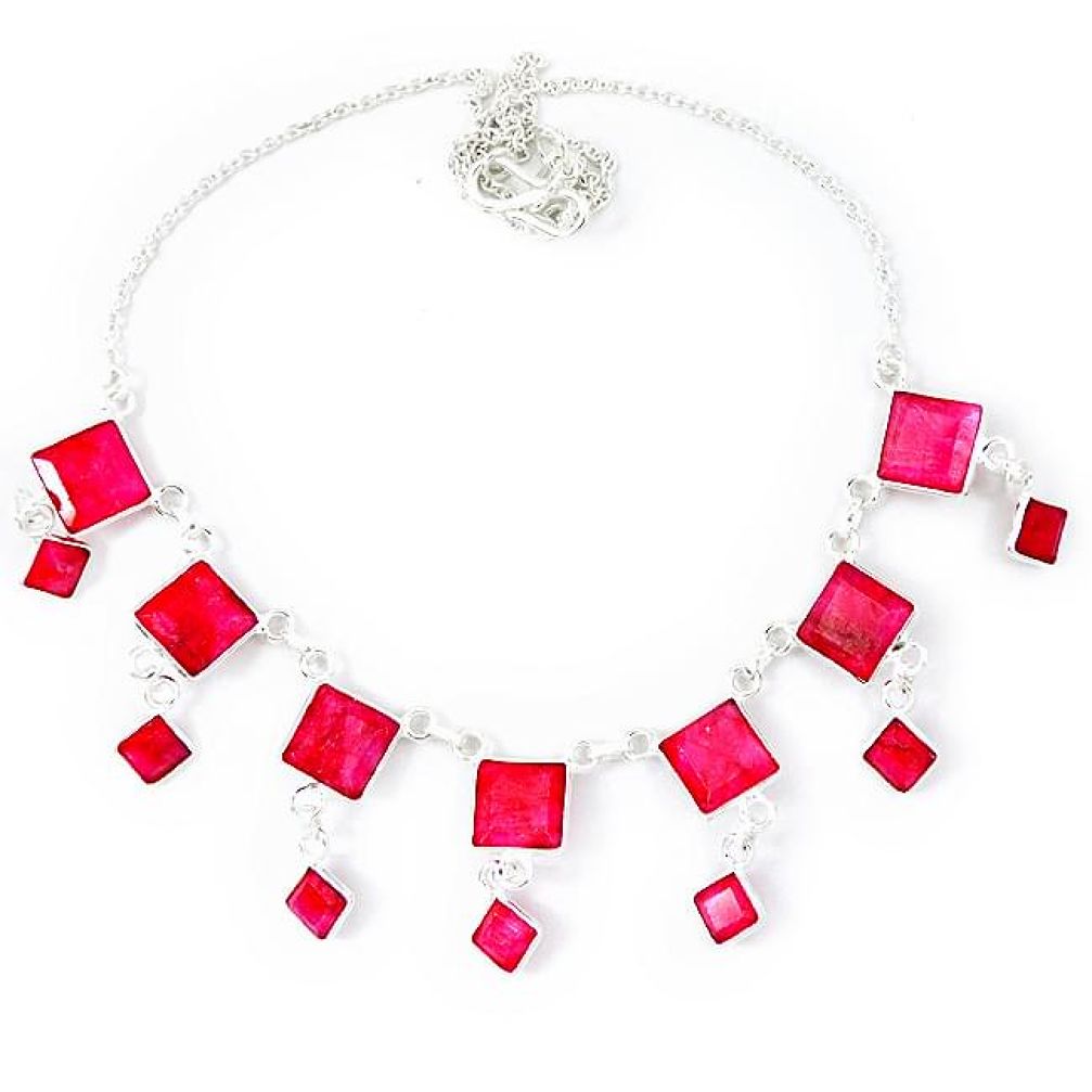 925 sterling silver natural red ruby square shape necklace jewelry k49798