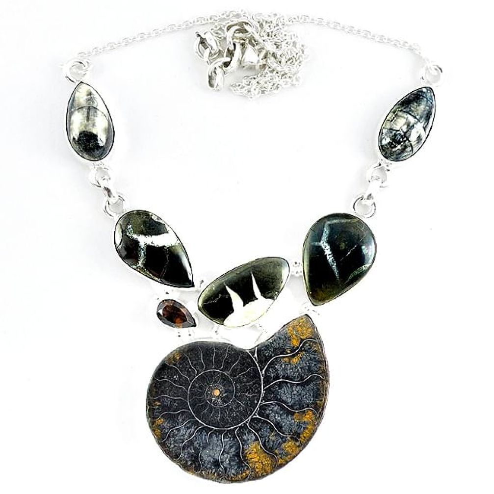 925 silver natural brown ammonite fossil orthoceras smoky topaz necklace k50358