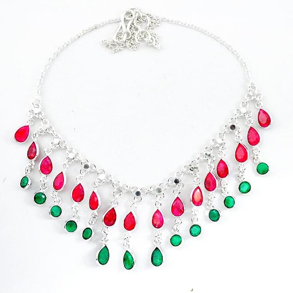 Natural green emerald red ruby 925 sterling silver necklace jewelry k50379