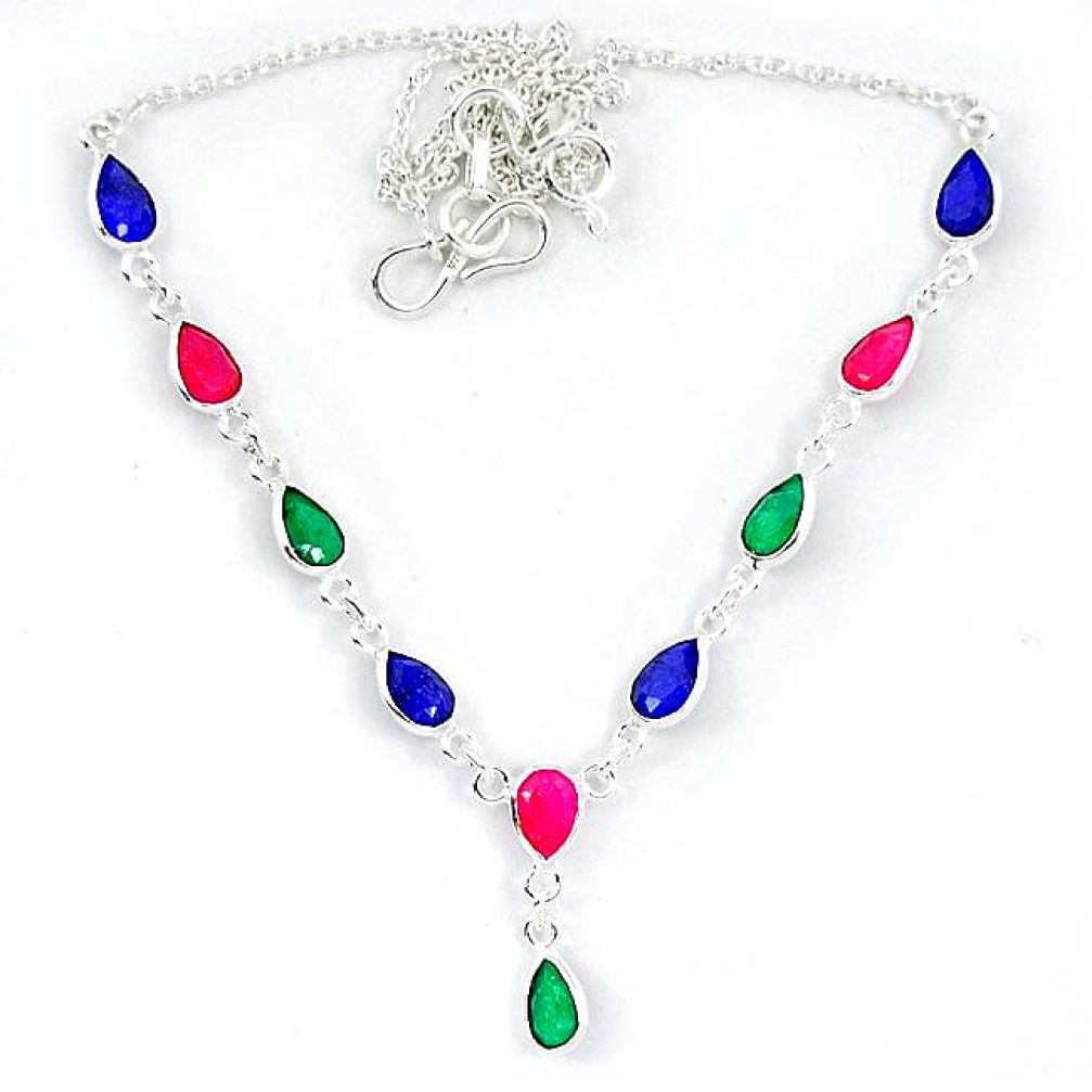 Natural blue sapphire emerald ruby 925 sterling silver necklace k50391