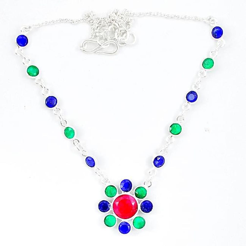 Natural blue ruby emerald sapphire 925 sterling silver necklace jewelry k50398