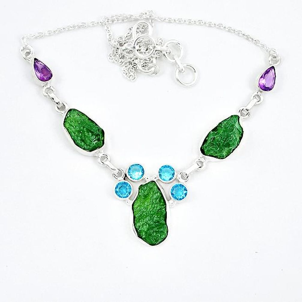 Natural green moldavite (genuine czech) topaz 925 silver necklace k57073