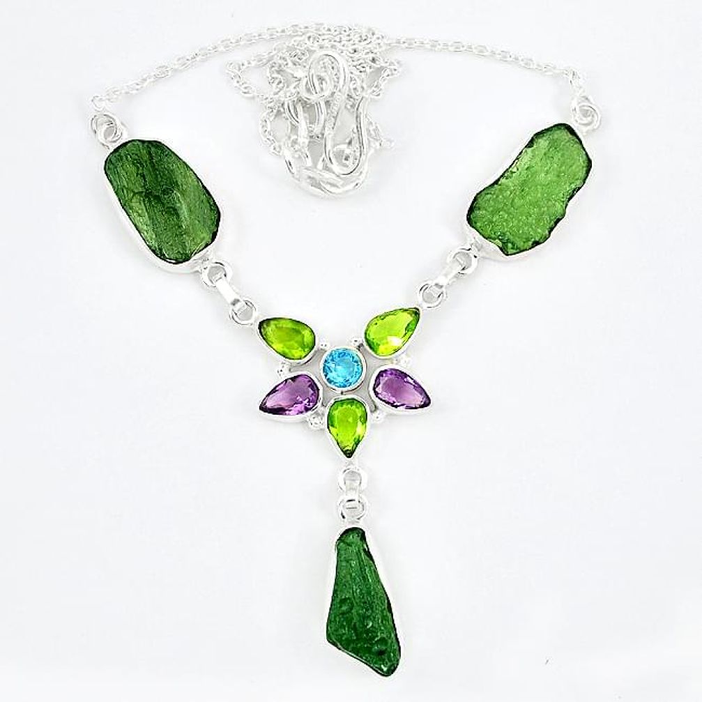 Natural green moldavite (genuine czech) peridot 925 silver necklace k57074